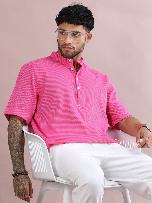Men Striped Pink Kurta