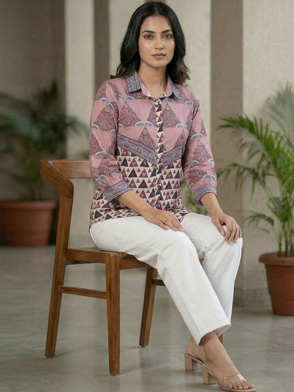 Women Shirt Collar Printed Tunic