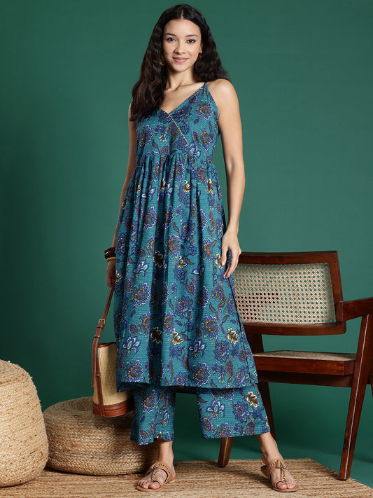 Ethnic Motifs Printed Empire Gotta Patti Kurta with Palazzos