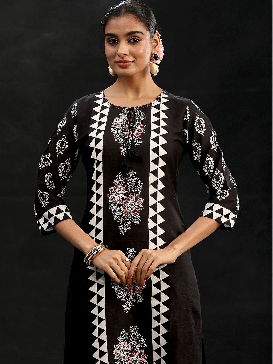Black Block Print Cotton Straight Suit Set
