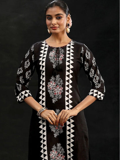 Black Block Print Cotton Straight Suit Set