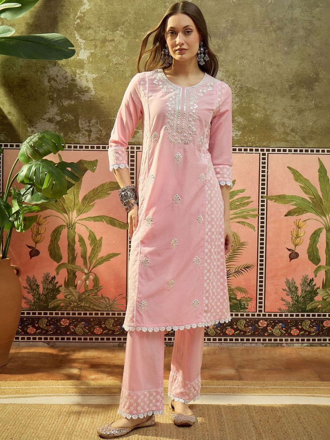 Embroidered Pure Cotton Round Neck Kurta & Palazzos With Dupatta Kurta Set