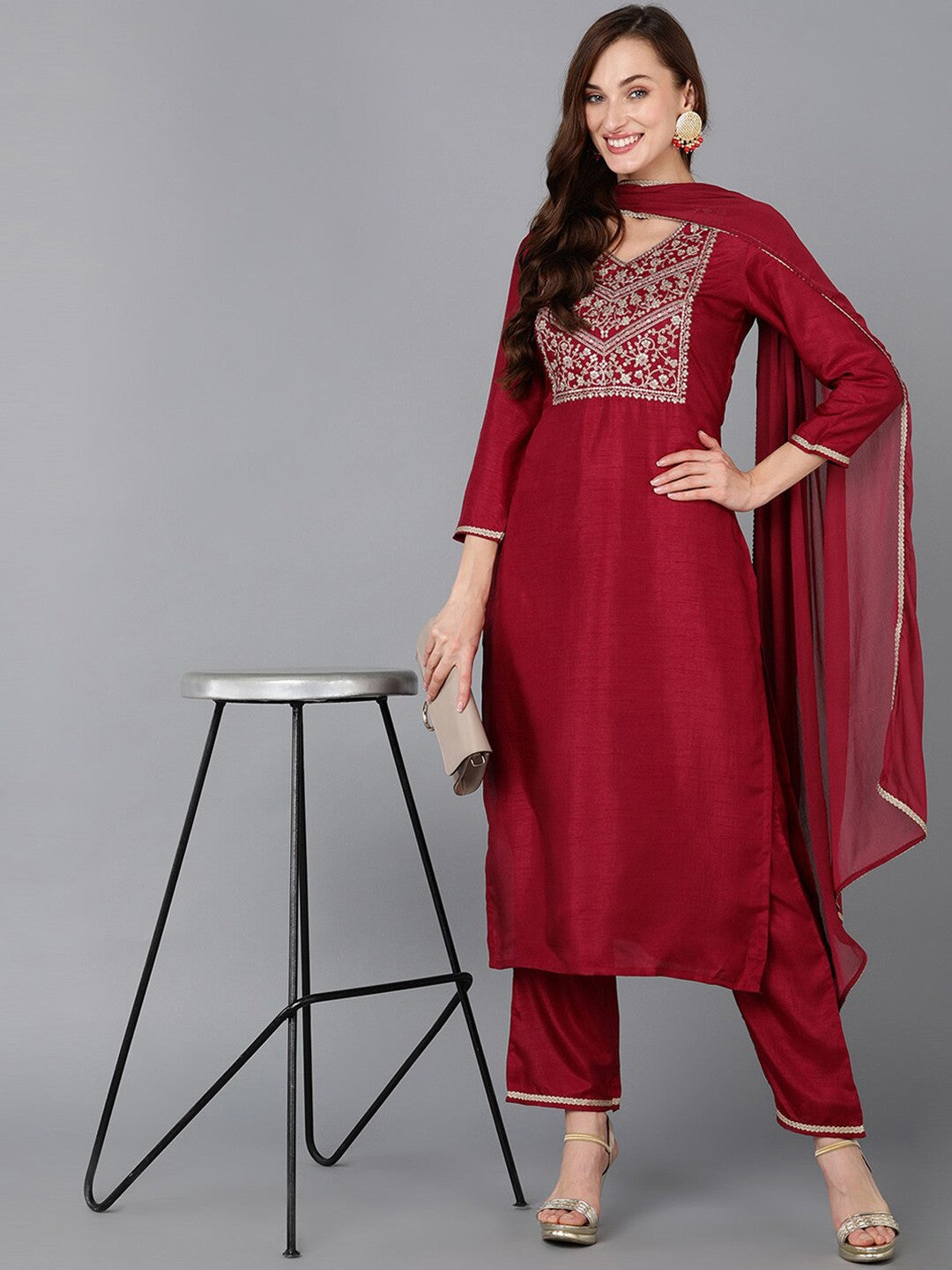 Maroon Ethnic Motifs Yoke Design Zari Sequinned Kurta with Trousers & Dupatta