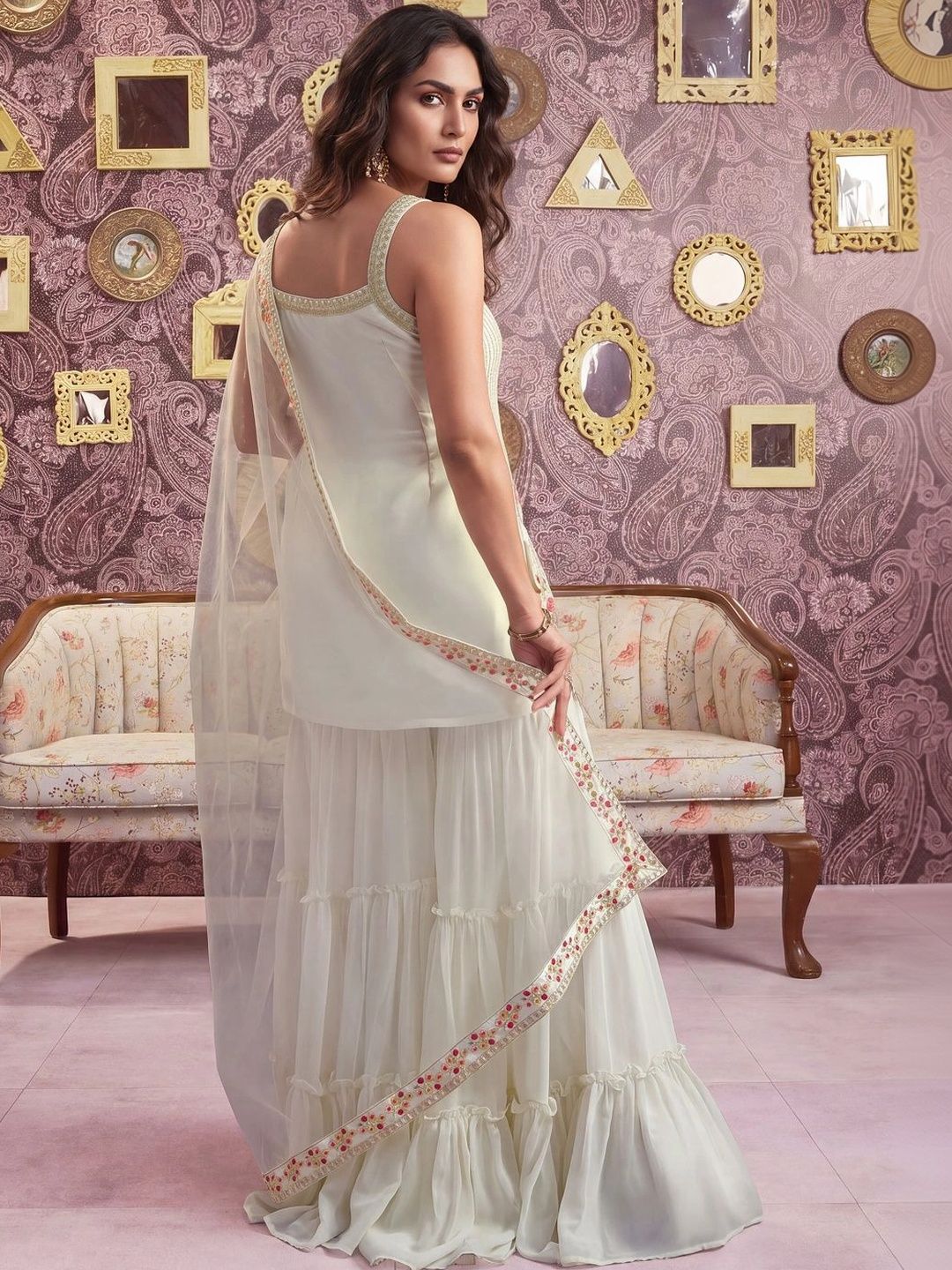 Floral Embroidered Georgette Sequinned Straight Kurti & Sharara with Dupatta