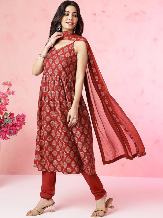 Ethnic Motifs Printed Empire Chanderi Silk Kurta with Churidar & With Dupatta