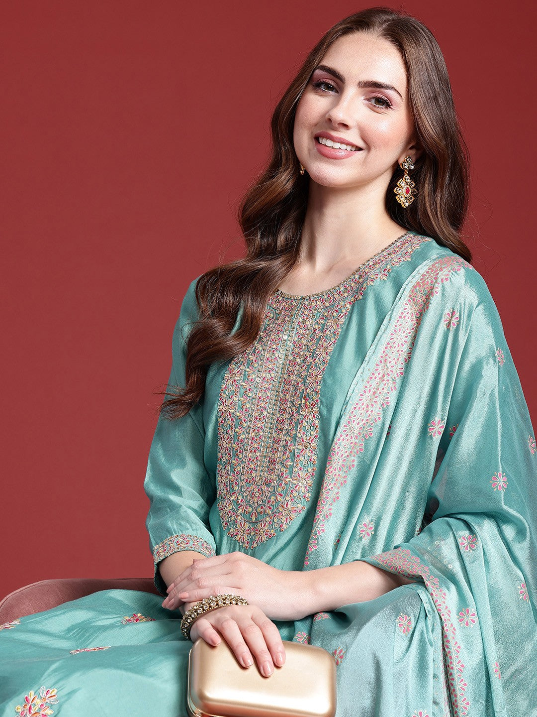 Women Floral Embroidered Regular Sequinned Kurta with Trousers & With Dupatta