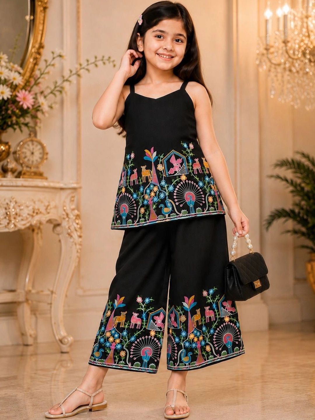 Girls Ethnic Motifs Embroidered Regular Thread Work Kurta with Palazzos