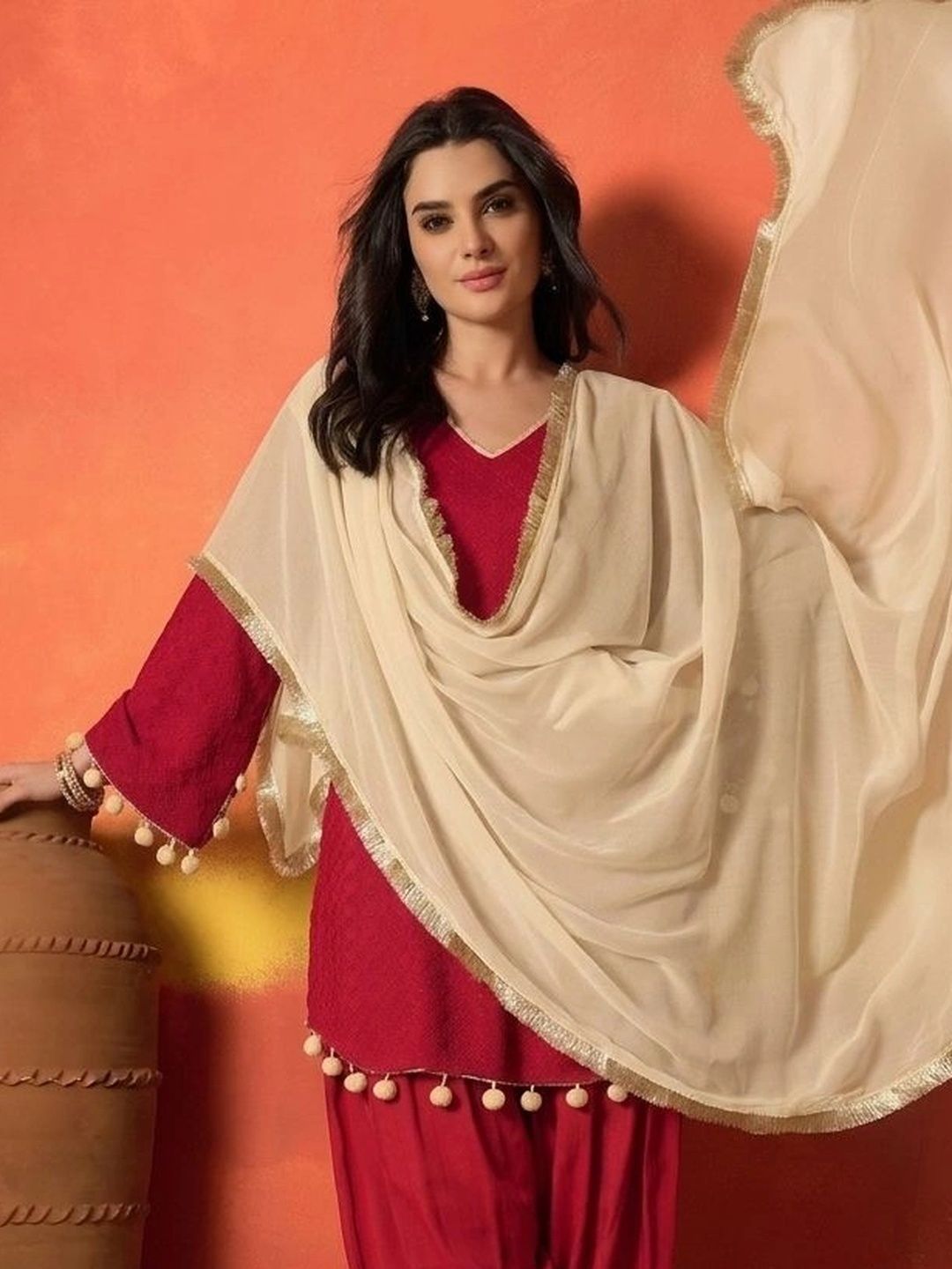 Red Chikankari Rayon A-Line Kurti Farshi Salwar With Dupatta Set