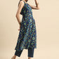 Women Navy Blue Floral Printed Styled Back Pure Cotton Kurta with Trousers