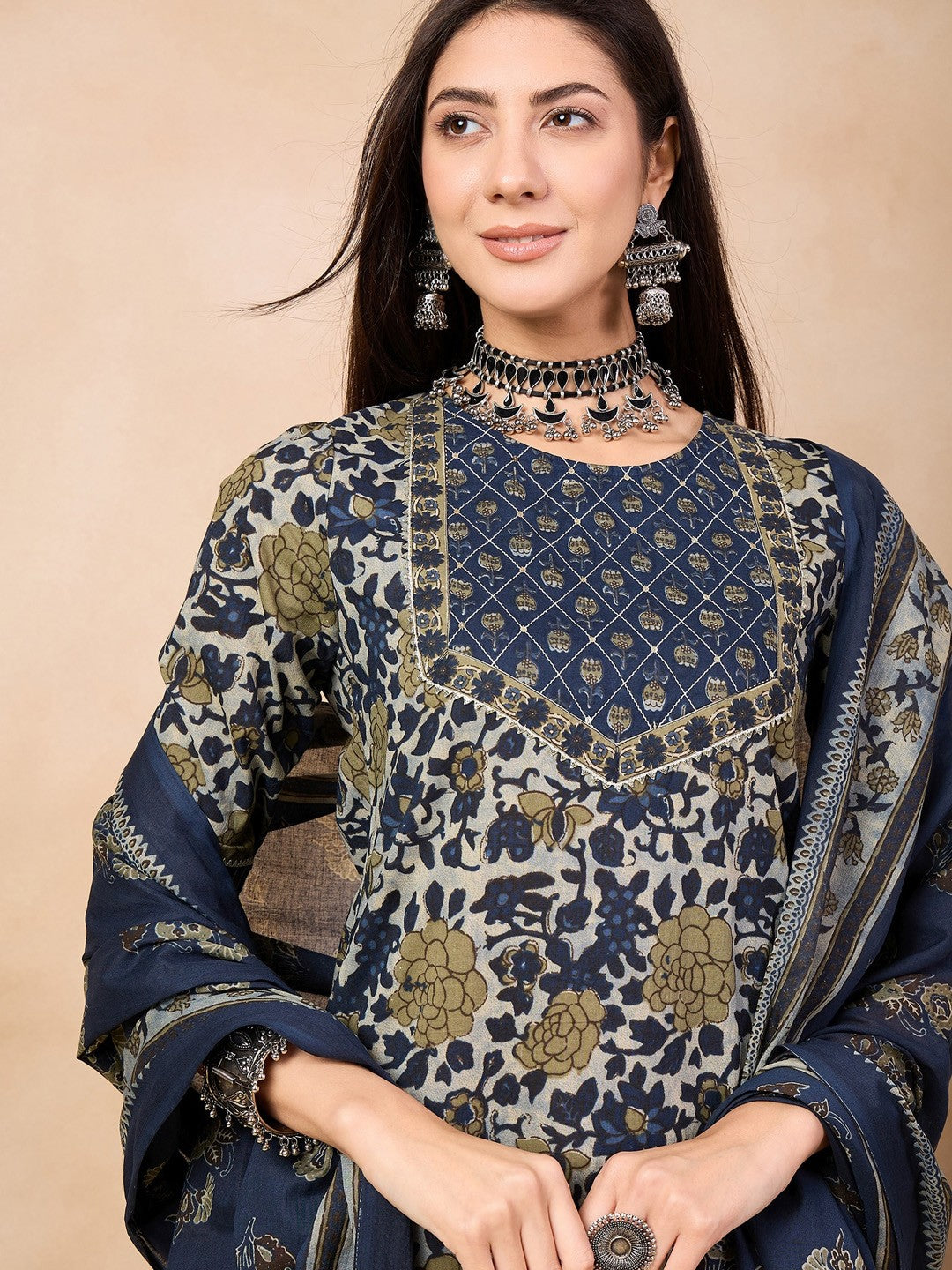 Navy Blue Floral Printed Pure Cotton Straight Kurta & Trousers With Dupatta