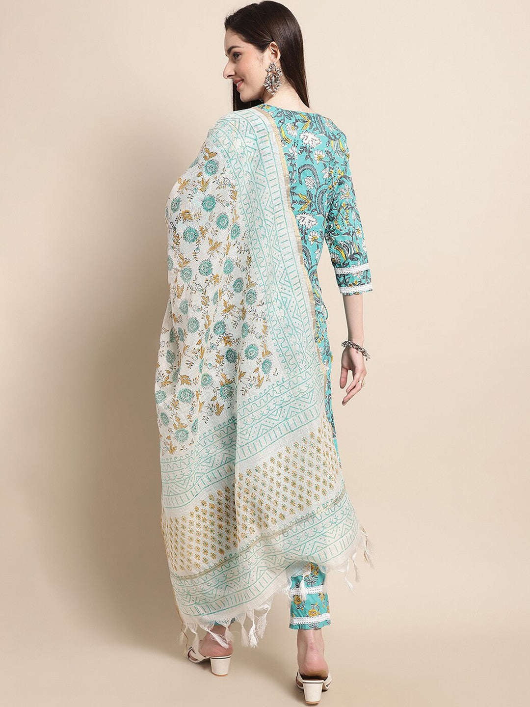 Blue & Gold Ethnic Motifs Printed Pure Cotton Kurta With Trouser & Dupatta