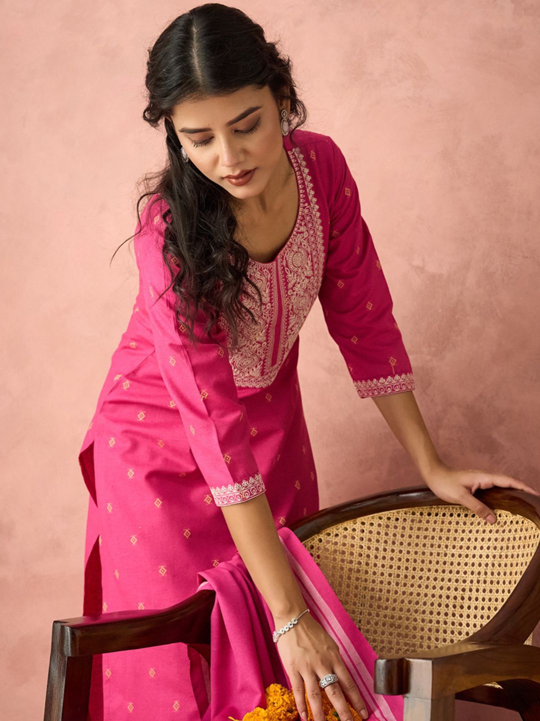 Women Ethnic Motifs Embroidered Straight Kurta With Trousers And Dupatta