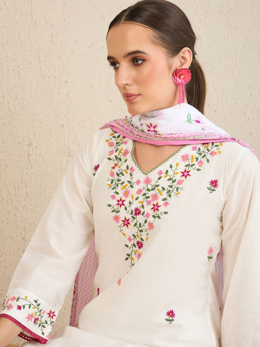 Floral Embroidered Thread Work Pure Cotton Straight Kurta With Trousers & Dupatta