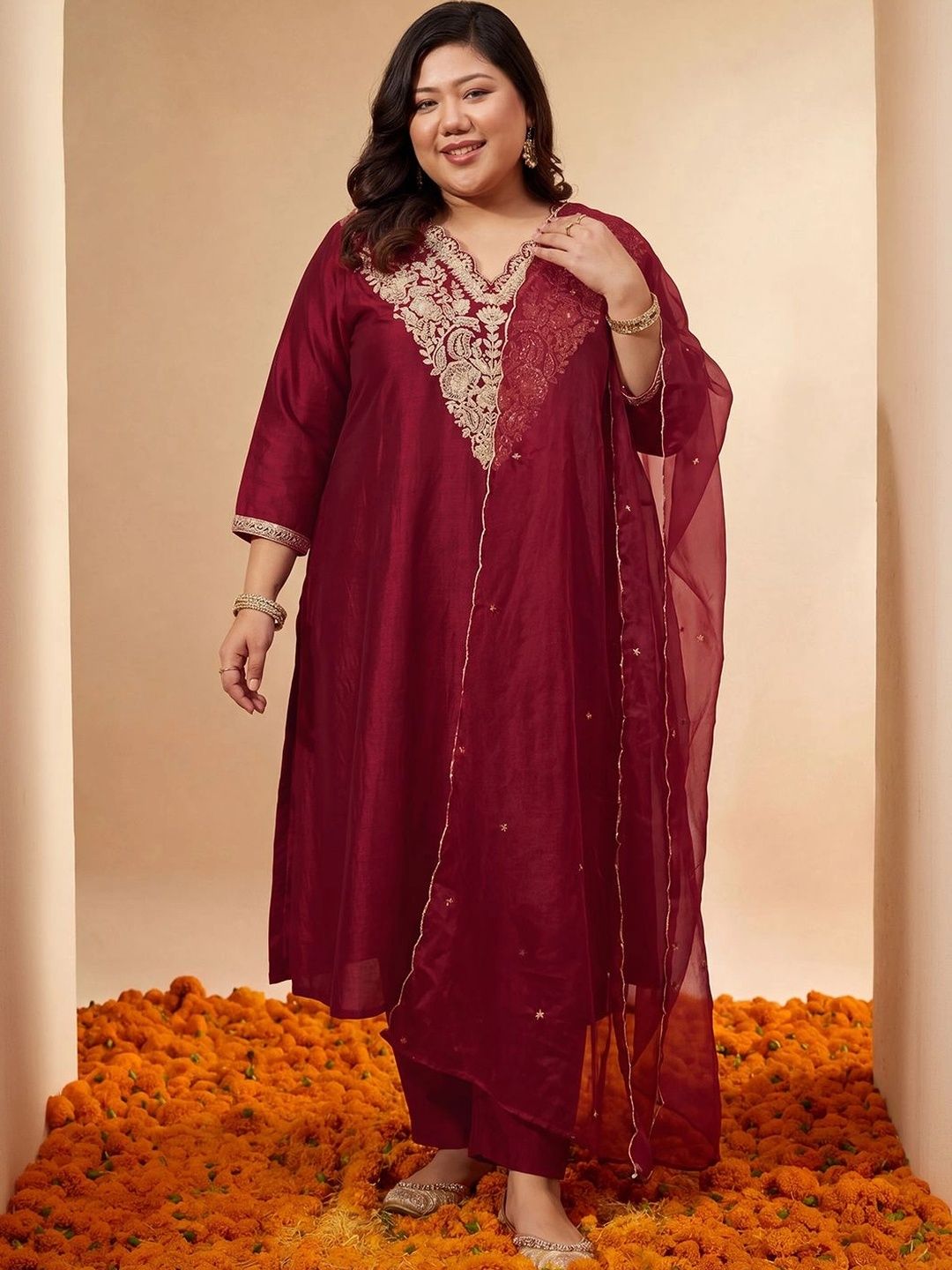 Women Ethnic Motifs Embroidered Angrakha Kurta with Trousers & With Dupatta