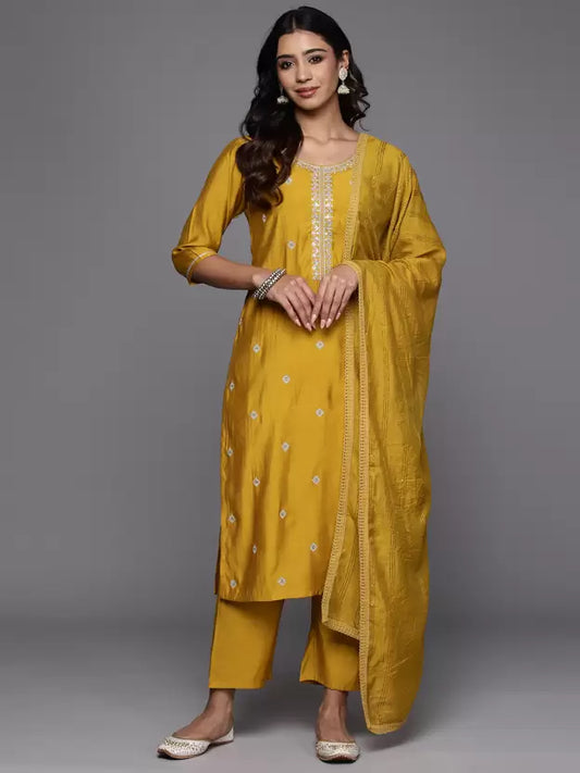 Women Mustard Silk Blend Kurta Trouser Dupatta Set