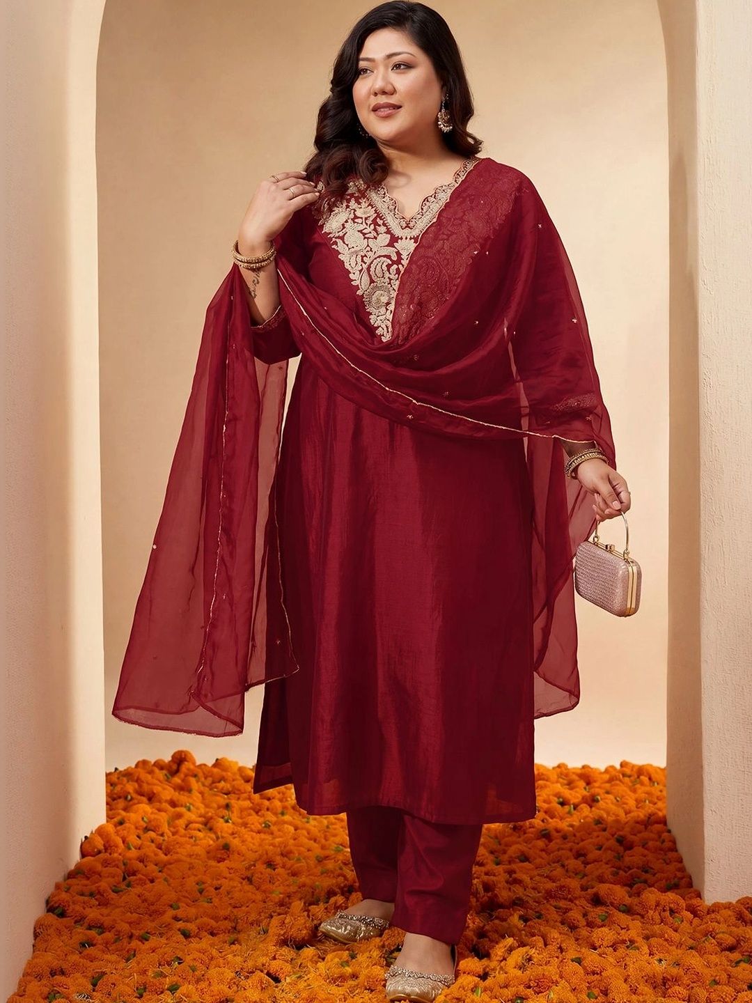 Women Ethnic Motifs Embroidered Angrakha Kurta with Trousers & With Dupatta