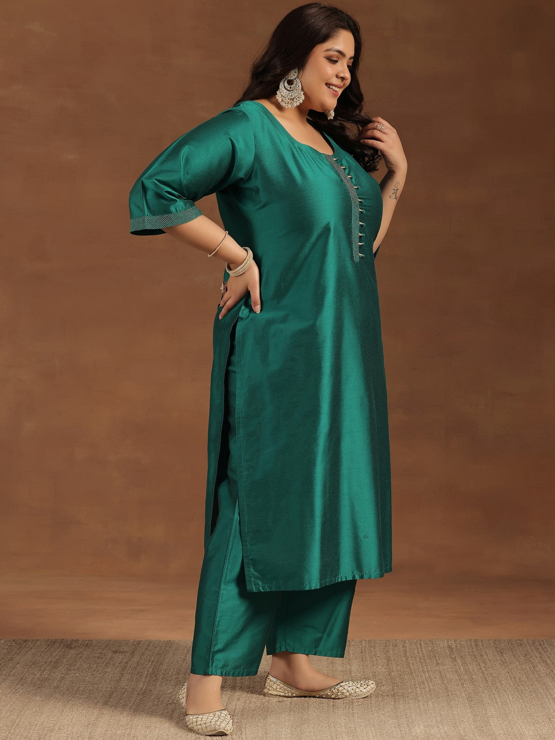 Plus Size Straight Kurta With Palazzos & Dupatta