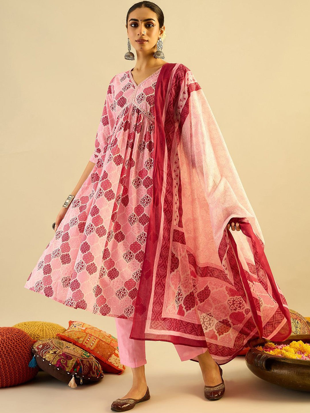 Printed Mirror Work Pure Cotton Kurta With Trousers & Dupatta