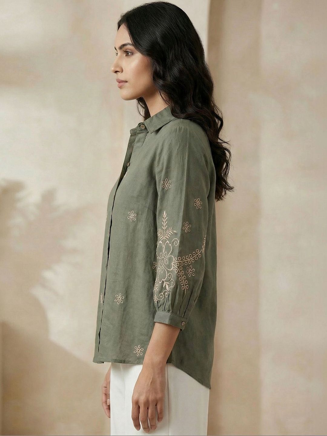 Women Shirt Collar Embroidered Tunic