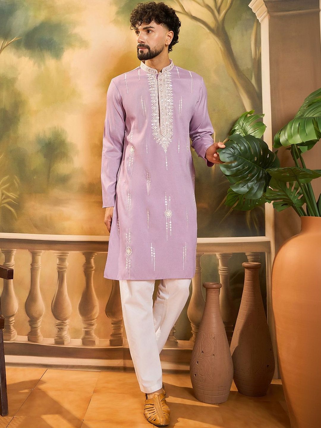 Embroidered Mandarin Collar Kurta & Trousers