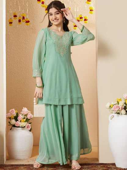 Girls Georgette Embroidered Kurta with Sharara Set