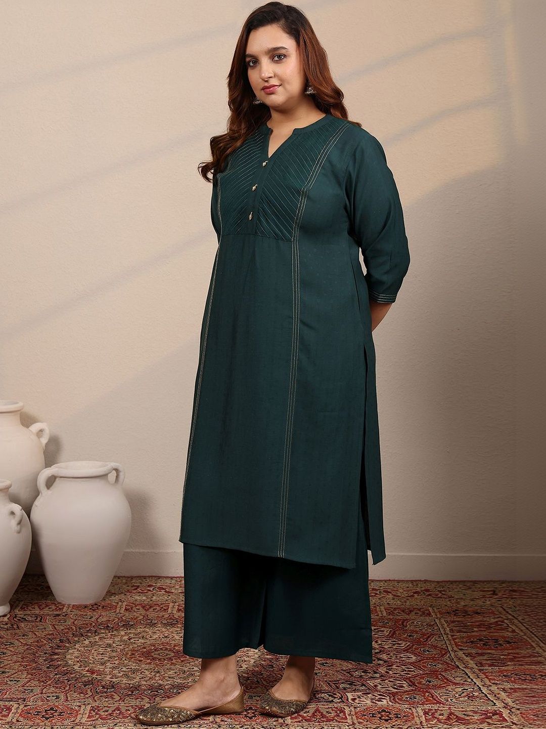 Plus Size Floral Embroidered Kurta with Palazzos & With Dupatta