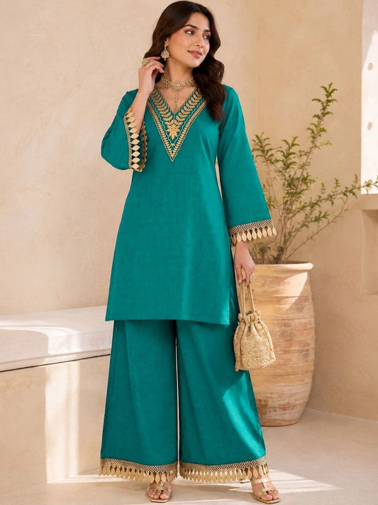 Women Ethnic Motifs Embroidered Regular Gotta Patti Kurta with Palazzos