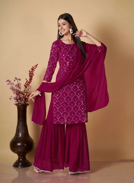 Women Georgette Kurta, Sharara and Dupatta Set