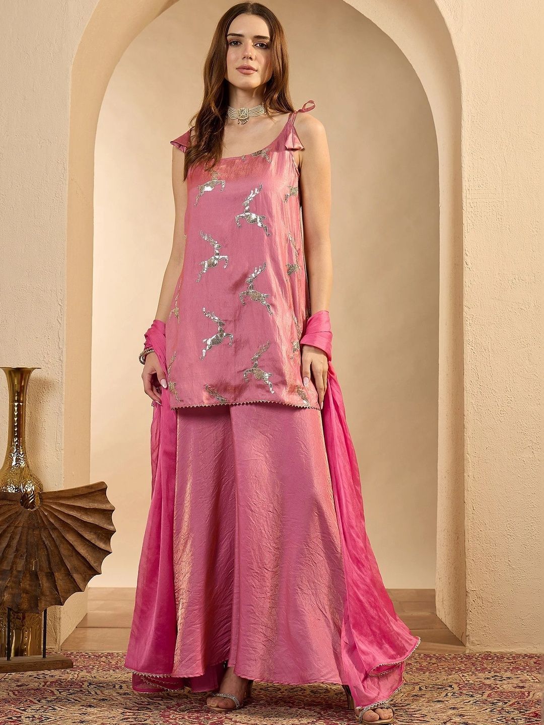Women Ethnic Motifs Regular Sequinned Kurta with Sharara & With Dupatta