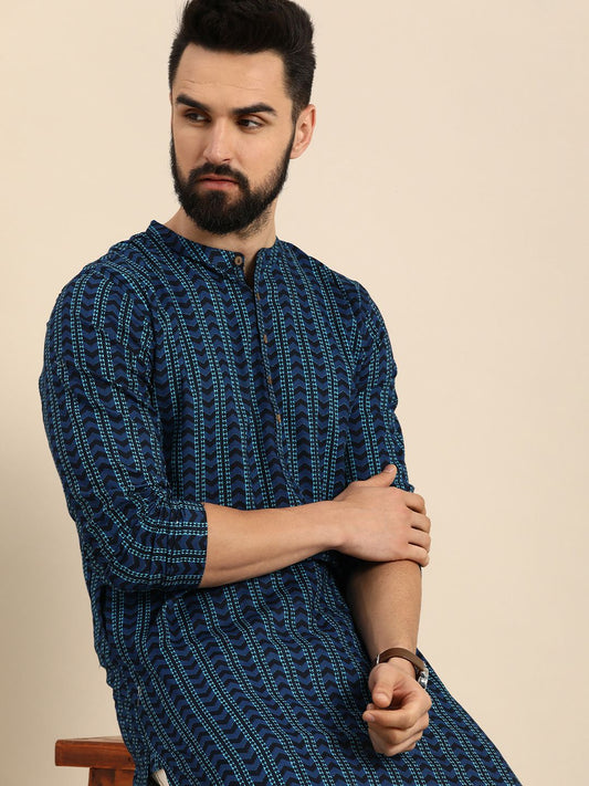 Men Geometric Printed Indigo Pure Cotton Straight Kurta