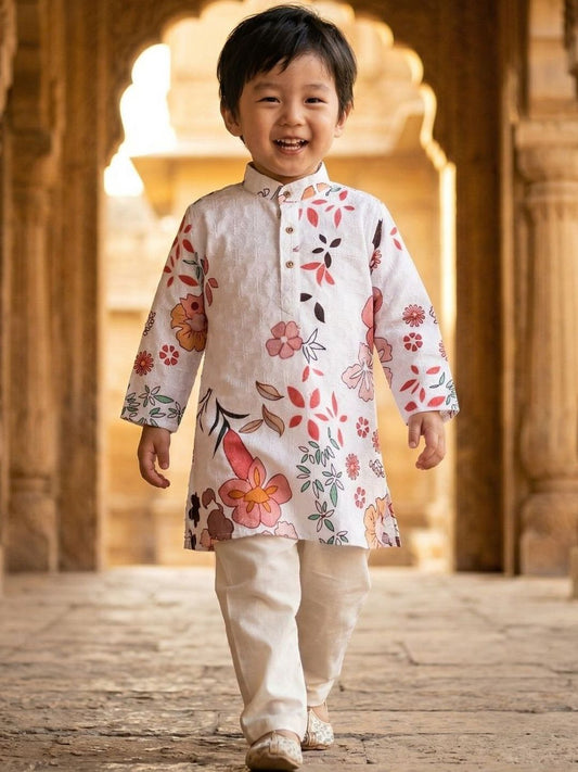 Boys Ethnic Motifs Embroidered Regular Chikankari Pure Cotton Kurta with Pyjamas