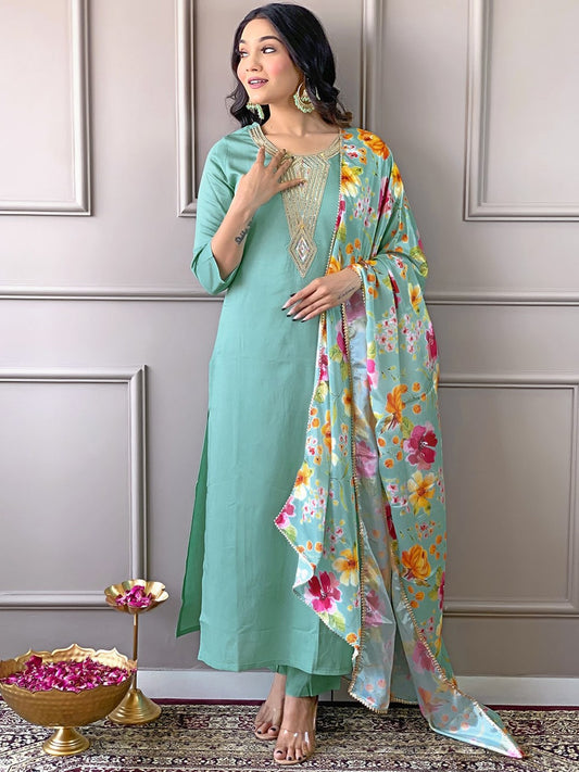 Floral Yoke Design Round Neck Sequinned Straight Kurta with Trousers & With Dupatta