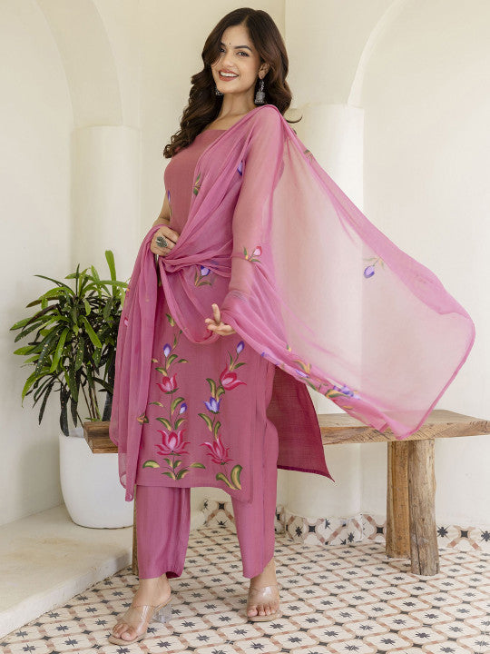 Women Floral Printed Cotton Kurta with Trousers & Dupatta