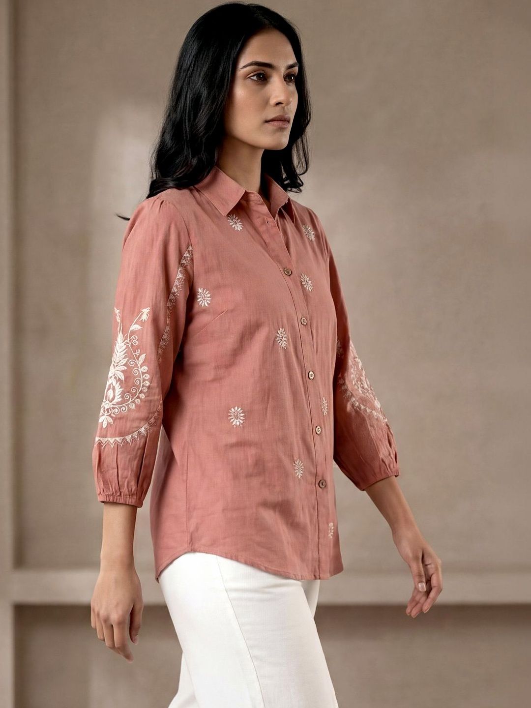 Women Shirt Collar Embroidered Tunic
