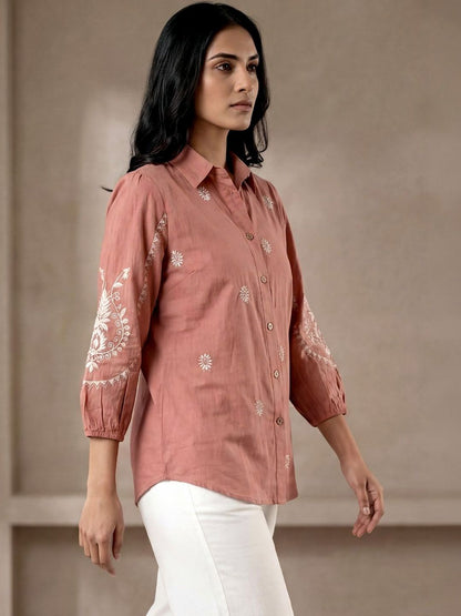 Women Shirt Collar Embroidered Tunic