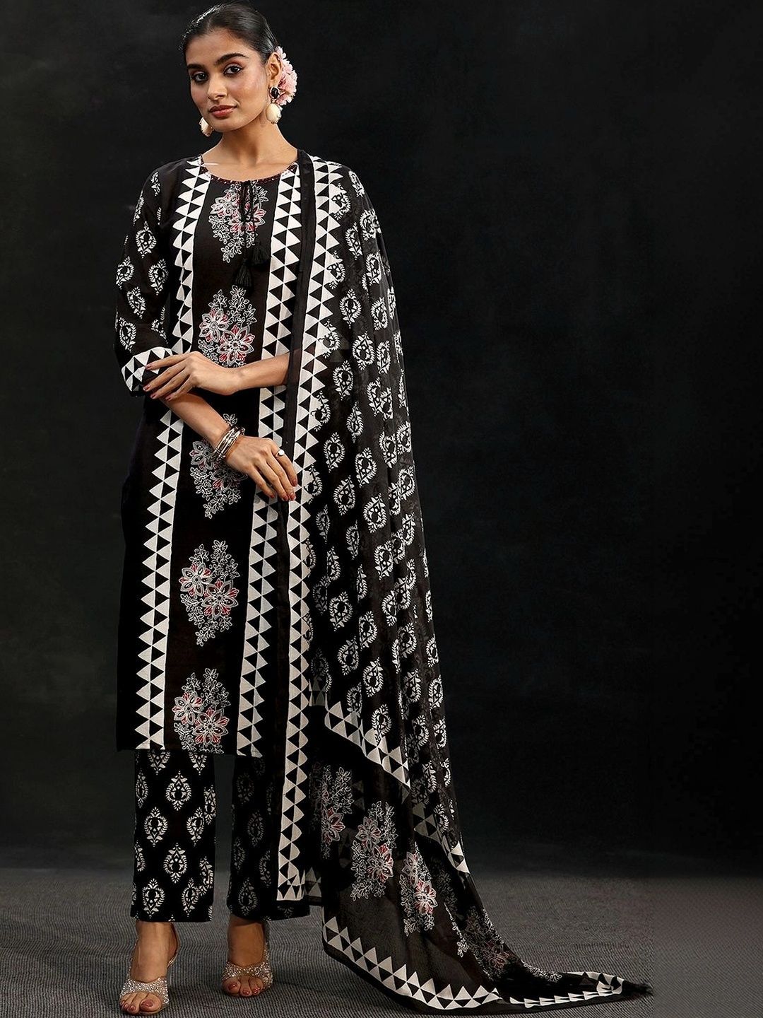 Black Block Print Cotton Straight Suit Set