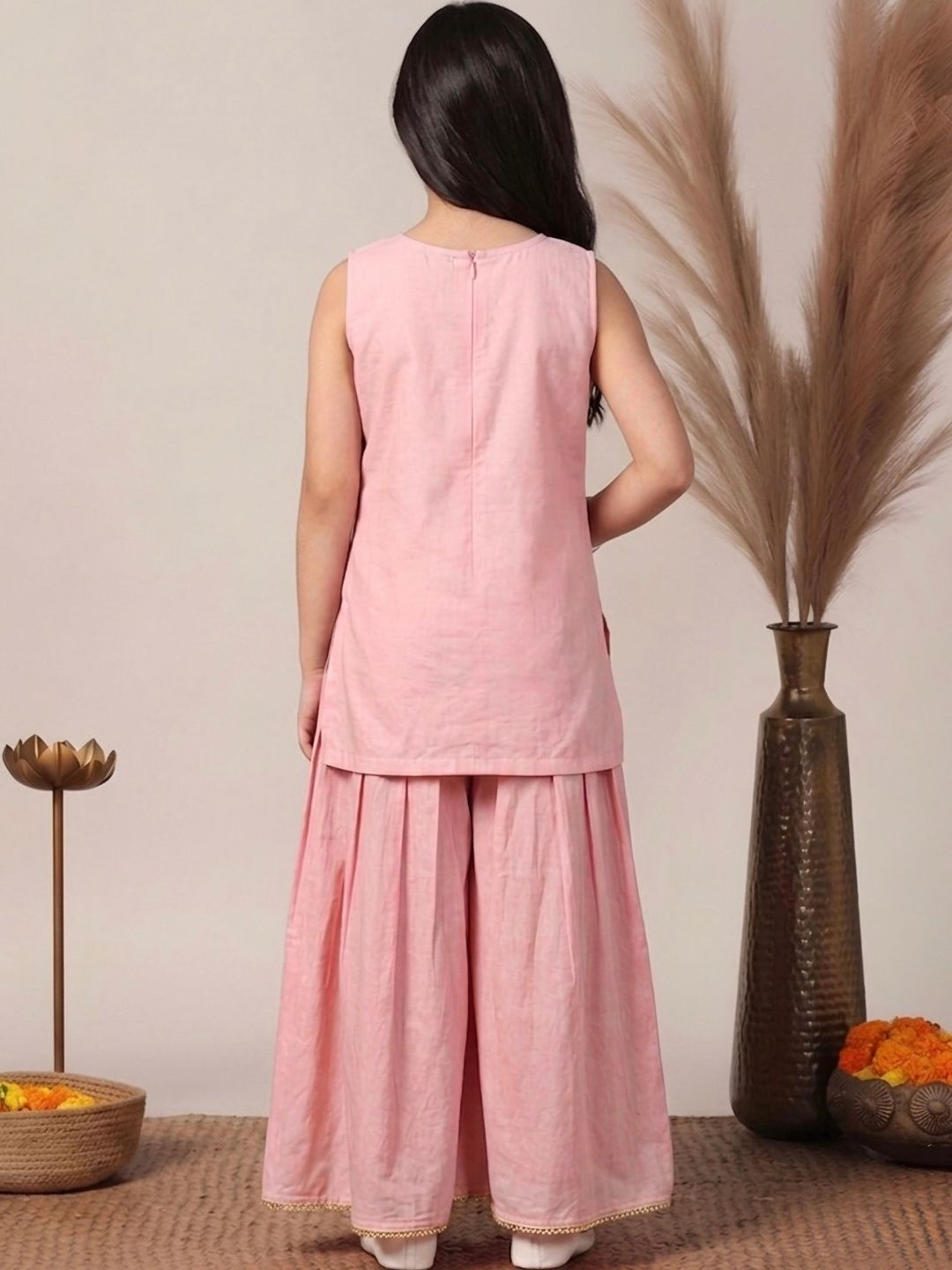 Girls Embroidered Regular Thread Work Kurta with Palazzos