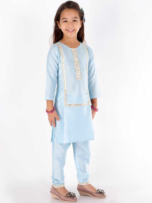 Girls Blue Embroidered Mirror Work Kurta And Pant Set