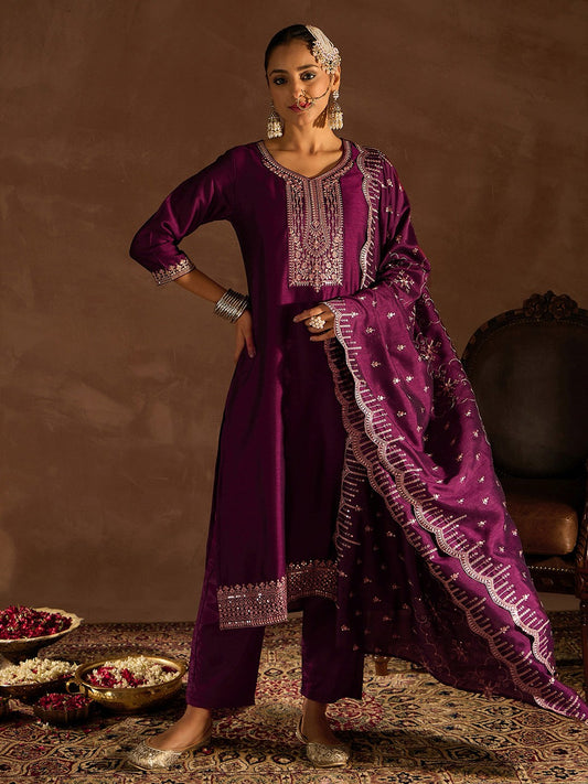 Burgundy Embroidered Regular Thread Work Straight Kurta With Trousers & Dupatta