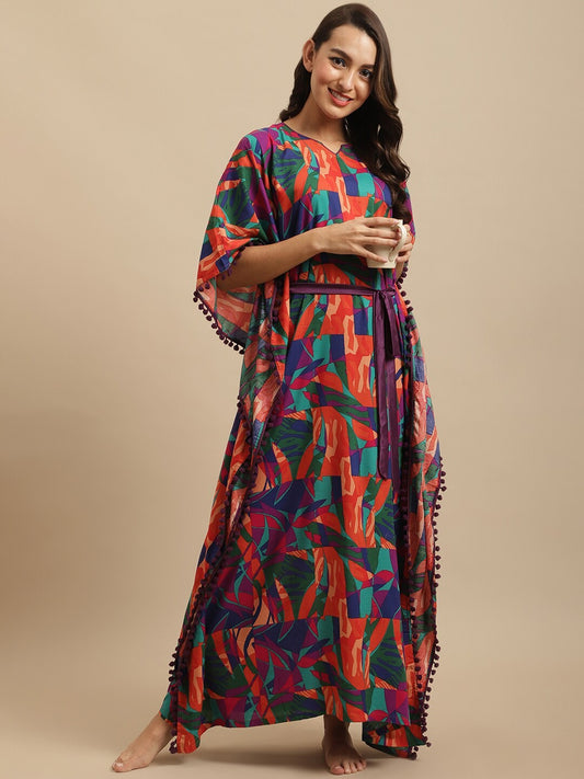 Women Red & Blue Printed Kaftan Maxi Nightdress