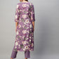 Purple Floral Printed V-Neck Kurta with Trousers