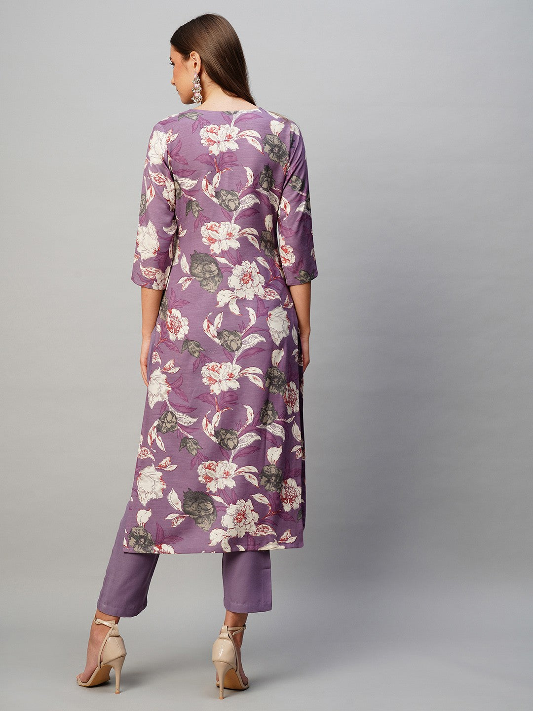 Purple Floral Printed V-Neck Kurta with Trousers