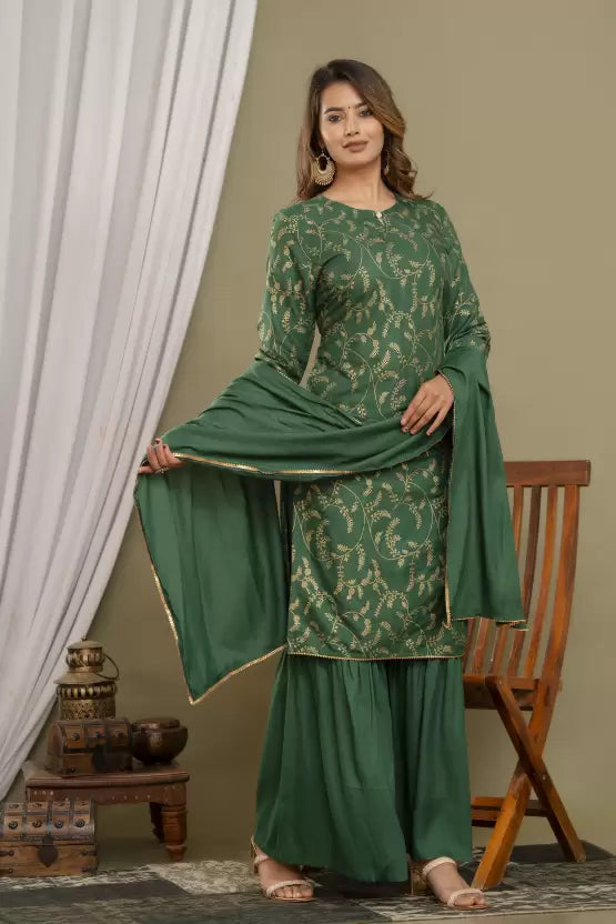 Women Green Viscose Rayon Kurta Sharara Set