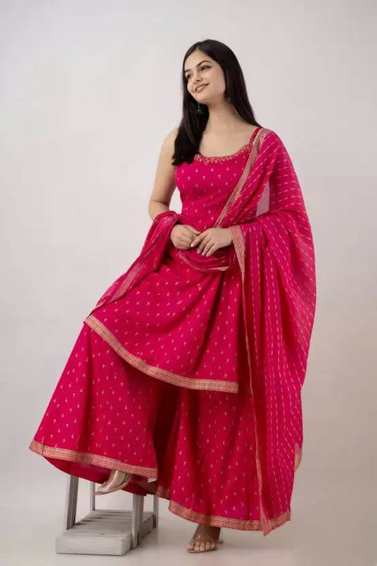 Women Pink Viscose Rayon Kurta, Sharara and Dupatta Set