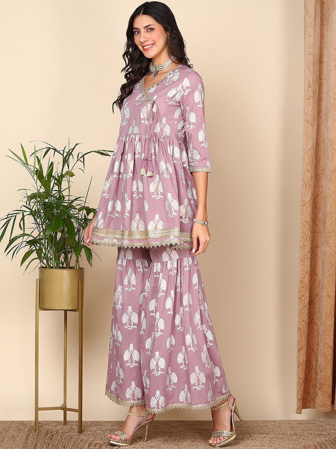 Violet Floral Printed Gotta Patti Pure Cotton Kurta with Sharara & Dupatta