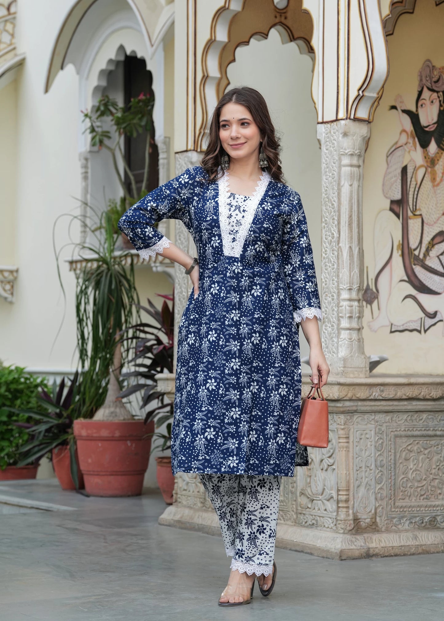 Women Blue Pure Cotton Kurta Pant Set
