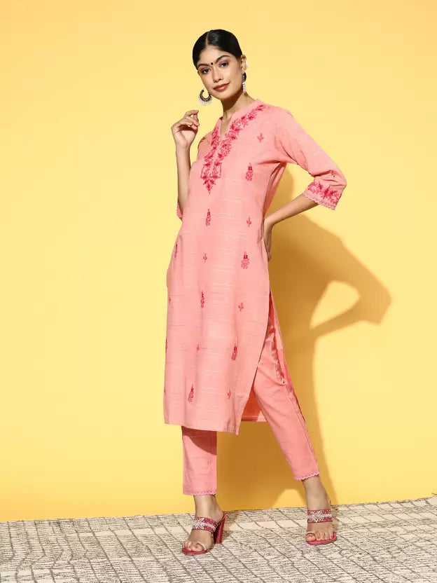 Women Pink Cotton Blend Kurta Pant Set