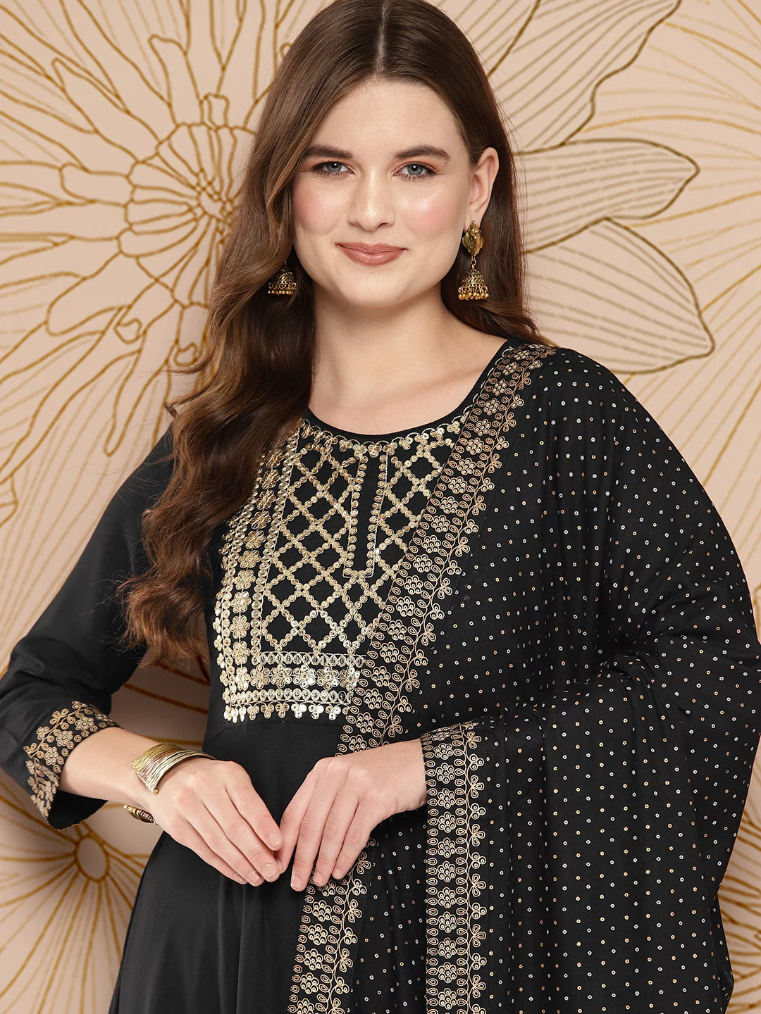 Women Floral Embroidered Empire Sequinned Kurta with Palazzos & With Dupatta