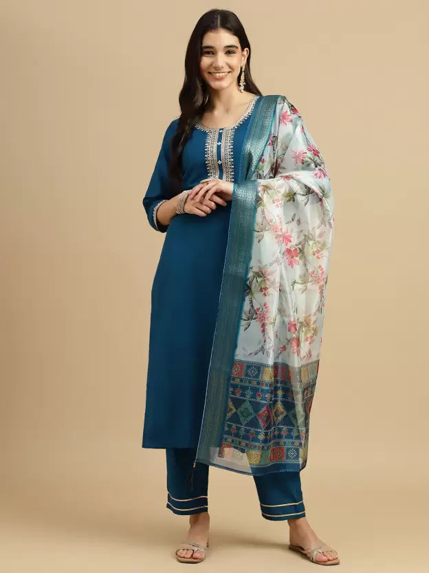 Women Blue Silk Blend Kurta Pant Dupatta Set