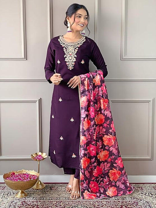 Women's Wine Rayon Blend Embroidered and Printed Straight Kurta, Pant and Dupatta